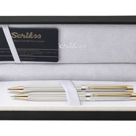 Scrikss 722W Gold Krom Venüs Yeni Ahşap Deri Roller Tükenmez Versatil Kalem Seti