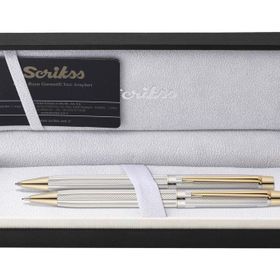 Scrikss 722W Gold Krom Venüs Yeni Ahşap Deri Roller Tükenmez Versatil Kalem Seti