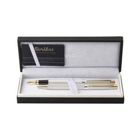 Scrikss 722W Gold Krom Venüs Yeni Ahşap Deri Roller Tükenmez Versatil Kalem Seti