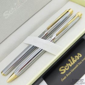 Scrikss 722W Gold Krom Venüs Yeni Ahşap Deri Roller Tükenmez Versatil Kalem Seti