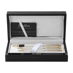 Scrikss 722W Gold Krom Venüs Yeni Prestij Ahşap Deri Dolma Roller Tükenmez Kalem Seti