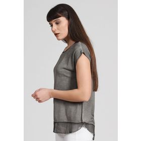 Seamoda PRA-236849-326973 Açık Antrasit Etek Ucu Şifon Yağ Yıkamalı Kadın T-Shirt