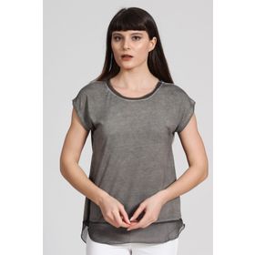 Seamoda PRA-236849-326973 Açık Antrasit Etek Ucu Şifon Yağ Yıkamalı Kadın T-Shirt