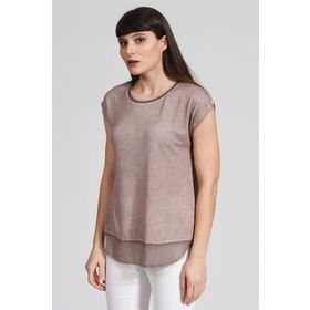 Seamoda PRA-236849-326973 Açık Kahve Etek Ucu Şifon Yağ Yıkamalı Kadın T-Shirt