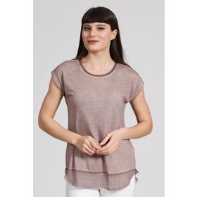 Seamoda PRA-236849-326973 Açık Kahve Etek Ucu Şifon Yağ Yıkamalı Kadın T-Shirt