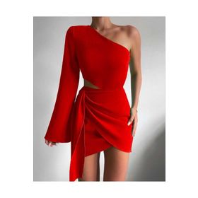 Secret Passion Lingerie TKN-643 Esnek Krep Kumaş Geometrik Tek Kol Mini Kırmızı Abiye Elbise
