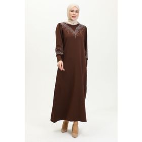 Sefamerve 0406-07 Taş Baskılı Koyu Kahverengi Kadın Elbise
