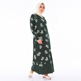Sefamerve 0450-06 Desenli Şile Bezi Koyu Yeşil Elbise