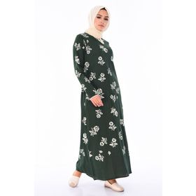 Sefamerve 0450-06 Desenli Şile Bezi Koyu Yeşil Elbise