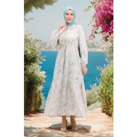 Sefamerve 0520-02 Bej Çağla Yeşili Önden Düğmeli Bağcıklı Keten Elbise