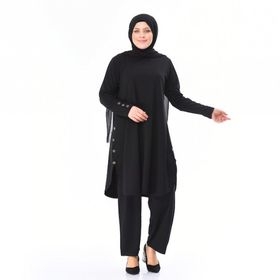 Sefamerve 2655-02 Siyah Büyük Beden Düğme Detaylı Tunik Pantolon İkili Takım