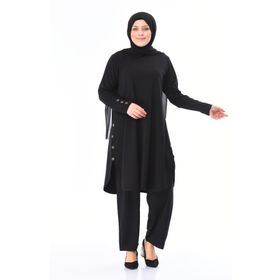 Sefamerve 2655-02 Siyah Büyük Beden Düğme Detaylı Tunik Pantolon İkili Takım