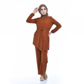 Sefamerve 3084-04 Taba Kolu Lastikli Tunik Pantolon İkili Takım