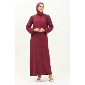 Sefamerve 5109-04 Mürdüm Kol Büzgülü Düğmeli Viskon Kadın Elbise