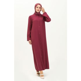 Sefamerve 5109-04 Mürdüm Kol Büzgülü Düğmeli Viskon Kadın Elbise