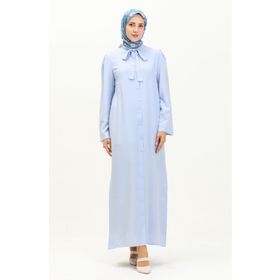 Sefamerve 5111-05 Mavi Kravat Yaka Düğmeli Kadın Elbise