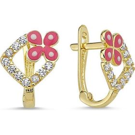Sembol Gold Kelebek Tasarım Pembe Mineli Altın Çocuk Küpesi