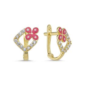 Sembol Gold Kelebek Tasarım Pembe Mineli Altın Çocuk Küpesi