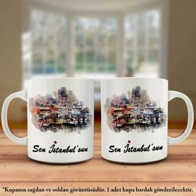 Sen İstanbulsun Yazılı Renkli İstanbul Siluetinin Bulunduğu Renkli Kupa Bardak