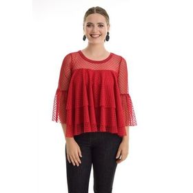 Sense BLZ31249 Kırmızı Kollar Tül Volanlı Kadın Bluz