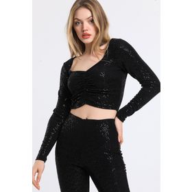 Sense Blz34189 Siyah Uzun Kol Önü Lastik Büzgülü Buzi Payet Bluz