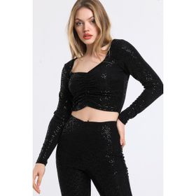 Sense Blz34189 Siyah Uzun Kol Önü Lastik Büzgülü Buzi Payet Bluz