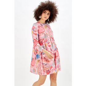 Sense elb32126 Pembe Çiçekli Göğüs Alti Büzgülü Havuz Yaka Desenli Elbise
