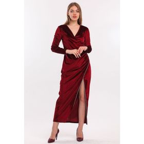 Sense ELB33852 Bordo Kruvaze Uzun Kol Kadife Uzun Abiye Elbise