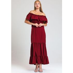 Sense Elb34315 A.Bordo Degaje Yaka Yakası Lastikli Dokuma Viskon Uzun Elbise