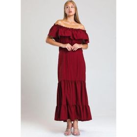 Sense Elb34315 A.Bordo Degaje Yaka Yakası Lastikli Dokuma Viskon Uzun Elbise