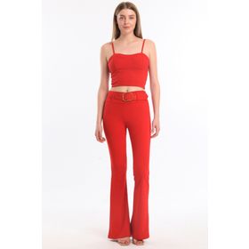 Sense PNT32439 Bej İspanyol Paça Kemerli Örme Kumaş Pantolon