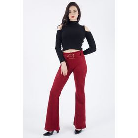 Sense Pnt32574 Bordo Beli Kumaş Kaplama Kemerli İspanyol Paça Süet Pantolon