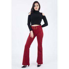 Sense Pnt32574 Bordo Beli Kumaş Kaplama Kemerli İspanyol Paça Süet Pantolon