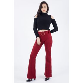 Sense Pnt32574 Bordo Beli Kumaş Kaplama Kemerli İspanyol Paça Süet Pantolon