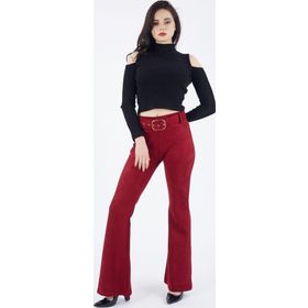 Sense Pnt32574 Bordo Beli Kumaş Kaplama Kemerli İspanyol Paça Süet Pantolon