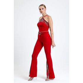 Sense PNT32698 Kırmızı Kemerli Paça Volanlı Pike Çelik Bayan Pantolon
