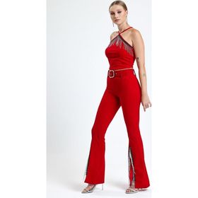 Sense PNT32698 Kırmızı Kemerli Paça Volanlı Pike Çelik Bayan Pantolon
