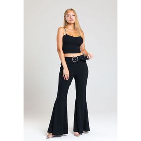 Sense PNT32971 Siyah Kadın Kumaş Kaplama Kemerli Diz Altı Volanlı Pike Pantolon