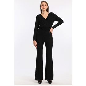Sense Tlm34170 Siyah Kruvaze Simli Örme Krep Abiye Tulum