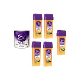 Sesu Normal Ciltler 5x100 ml Roll-On Sir Ağda + Ağda Bezi 10 mt Rulo