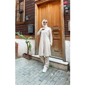 Sevda 03058 Ekru Fermuarlı Uzun Tunik Pantolon Spor İkili Takım
