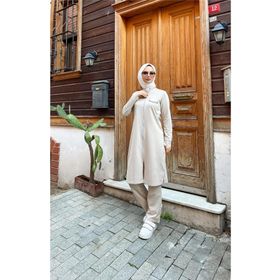 Sevda 03058 Ekru Fermuarlı Uzun Tunik Pantolon Spor İkili Takım