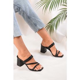 Shoeberry Caramela Siyah Cilt Biyeli Bantlı Topuklu Kadın Terlik