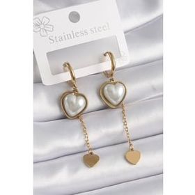 Shoecide 316L Çelik Gold Renk İnci Kalp Model Sallantı Kalp Detay Kadın Küpe