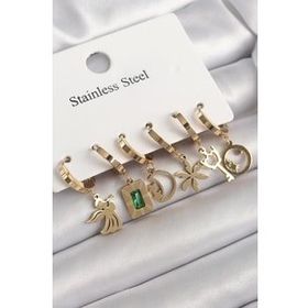 Shoecide 316L Çelik Gold Renk Sallantı Çoklu Figür Model Zirkon Taş Detaylı Kadın Küpe Seti