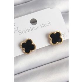 Shoecide 316L Çelik Gold Renk Siyah Yonca Model Kadın Küpe