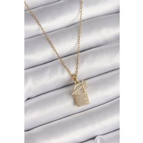 Shoecide 316L Çelik Gold Renk Zincir Zirkon Taşlı Asma Kilit Anahtar Model Kadın Kolye