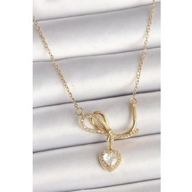 Shoecide 316L Çelik Gold Renk Zincir Zirkon Taşlı Düğüm Sallantı Kalp Model Kadın Kolye