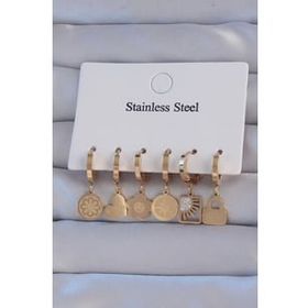 Shoecide 316L Çelik Gold Renk Zirkon Taşlı Çiçek Figürlü Kalp Model Halka Küpe Seti