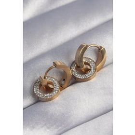 Shoecide 316L Çelik Gold Renk Zirkon Taşlı İç İçe Geçmeli Oval Küpe